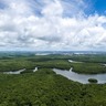 vista aérea de trecho de floresta amazônica cortada por rio e céu azul com nuvens