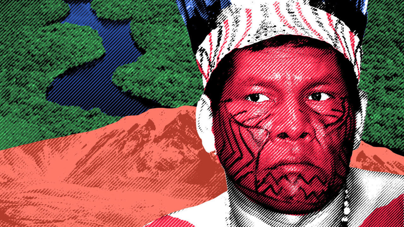 Ilustração mostra indígena da etnia Mura sobreposta a imagem da floresta amazônica