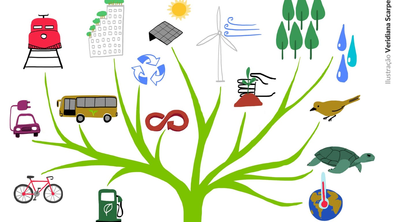 Ilustração com árvore genealógica, em que cada um dos galhos ilustra uma atividade considerada verde