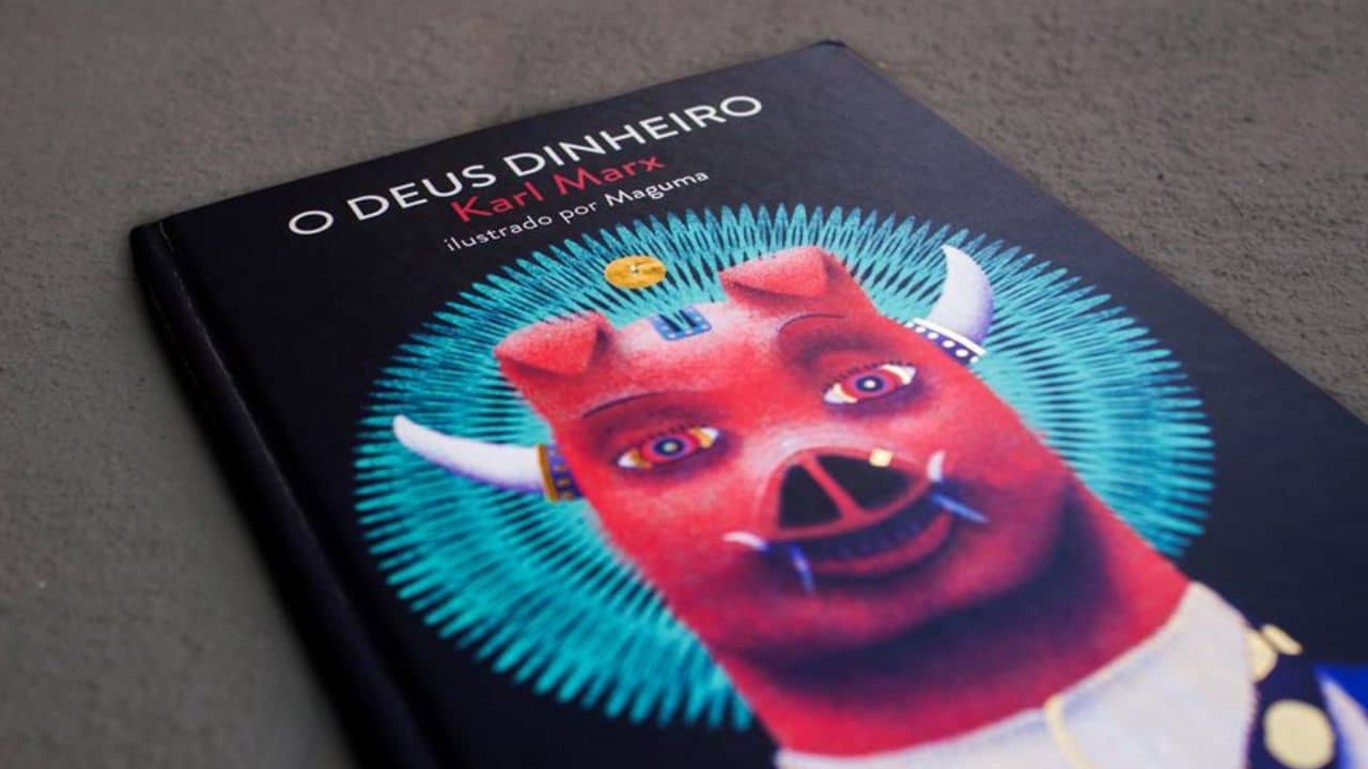 Capa do livro "O Deus Dinheiro", que traz a ilustração de um porco com chifres em cor de rosa, com uma aura em verde atrás.