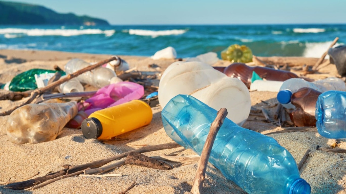 Garrafas e outros resíduos plásticos trazidos pelo mar