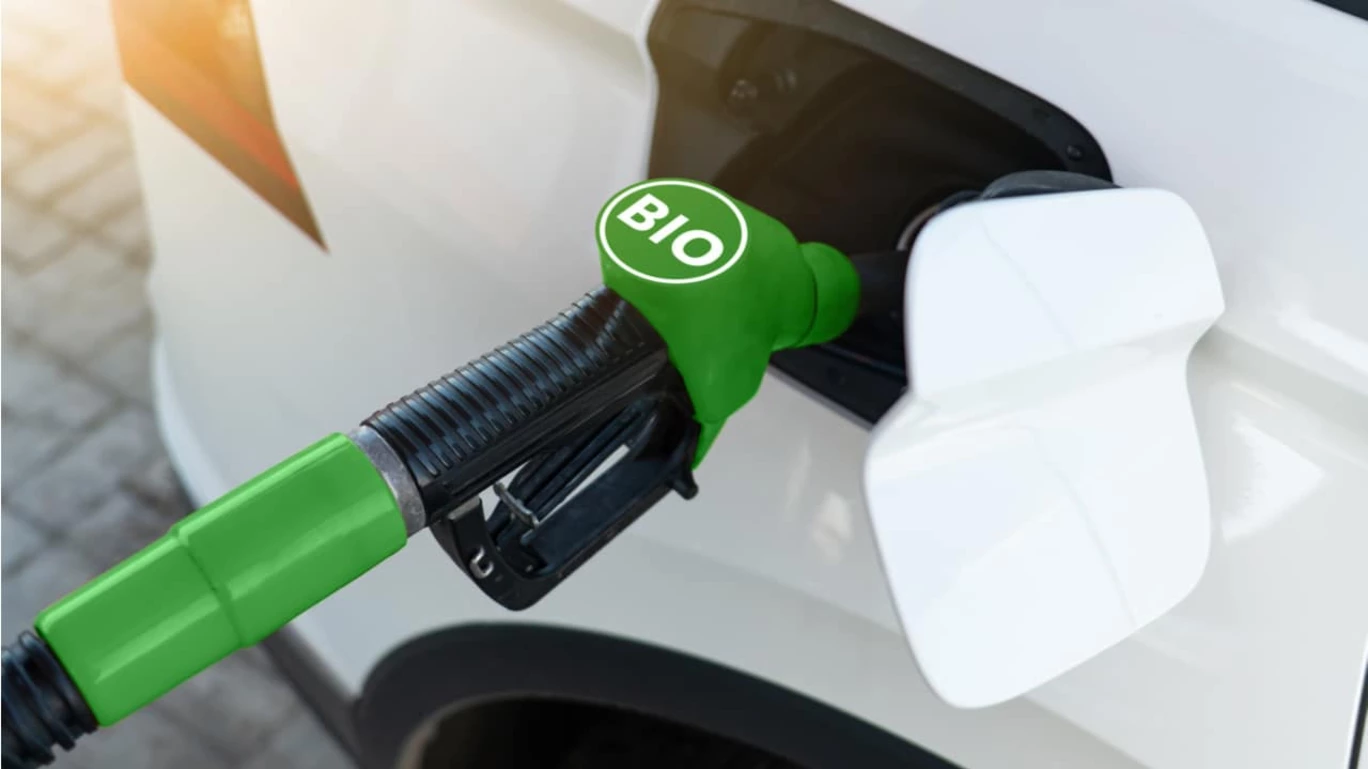 Uma bomba de combustível na cor verde, com os dizeres "bio", abastecendo um carro branco