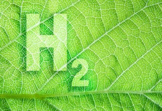 Ilustração mostra o símbolo do hidrogênio, H2, sobre um fundo verde