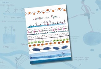 Capa do livro Diário das Águas sob um fundo azulado com passagens do livro em transparência.