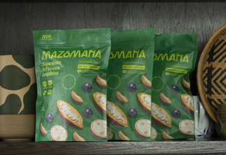 Embalagens verdes do Mazô Maná, supershake da floresta amazônica.