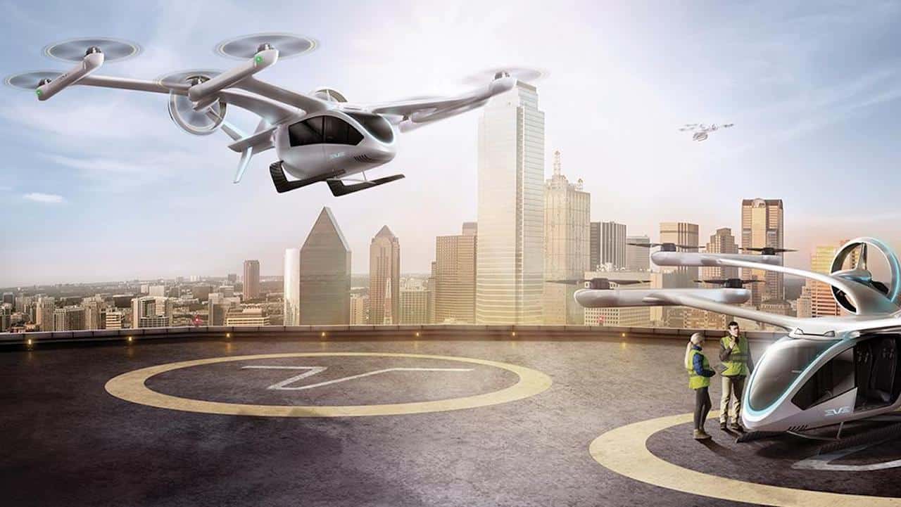Ilustração mostra eVTOL decolando de vertiporto Ilustração mostra eVTOL decolando de vertiporto